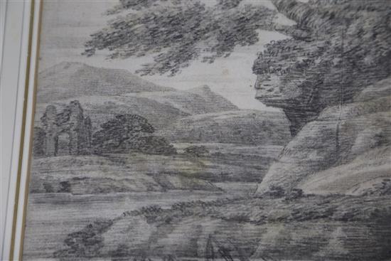 Richard Cooper Jnr (1740-1814), pencil on paper, Rocky river landscape, J S Maas label verso, 27 x 38.5cm